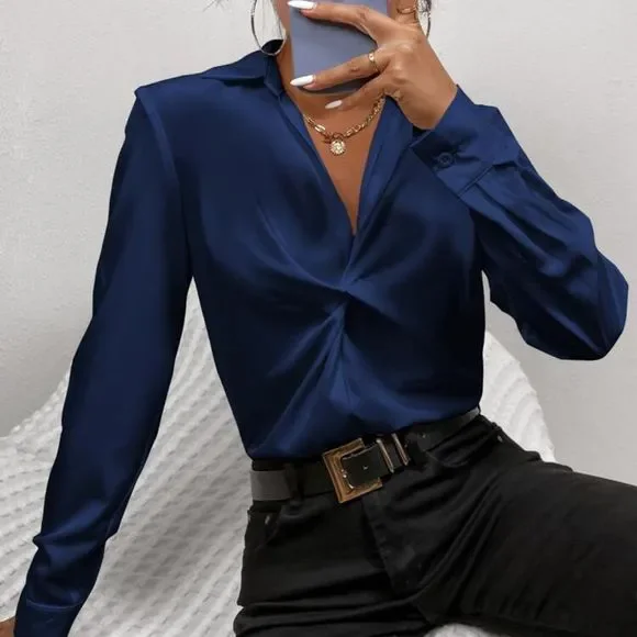 New Women Solid Twist Front Blouse Gold Navy Blue - Picture 4 of 6